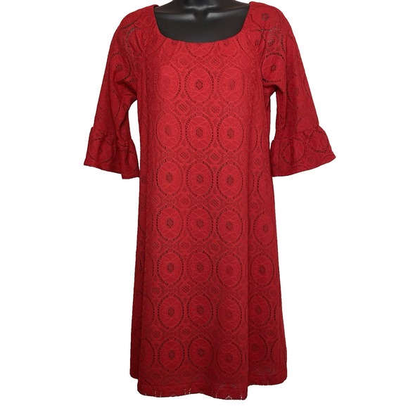 Chris McLaughlin Womens Red Bell Sleeve Lace Overlay Shift Dress Size 6 Pullover - Picture 1 of 7